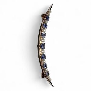 1231 Vintage Gold Pearl & Sapphire Crescent New Moon Brooch